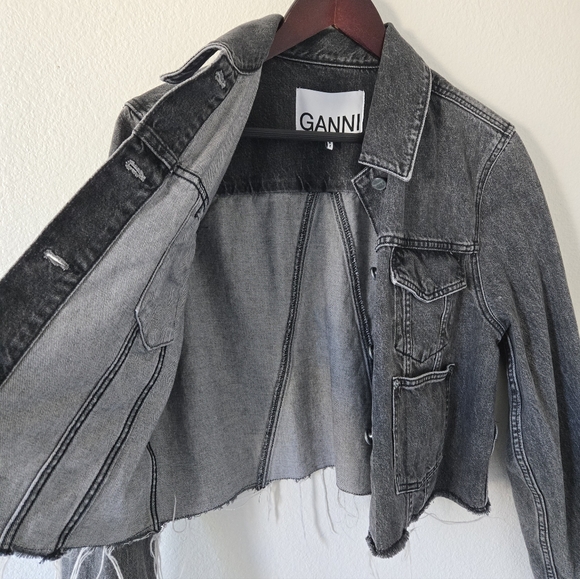 GANNI Womens Jacket Size EUR 42 / US Large Washed Black Denim Raw Hem Grunge - Picture 11 of 16